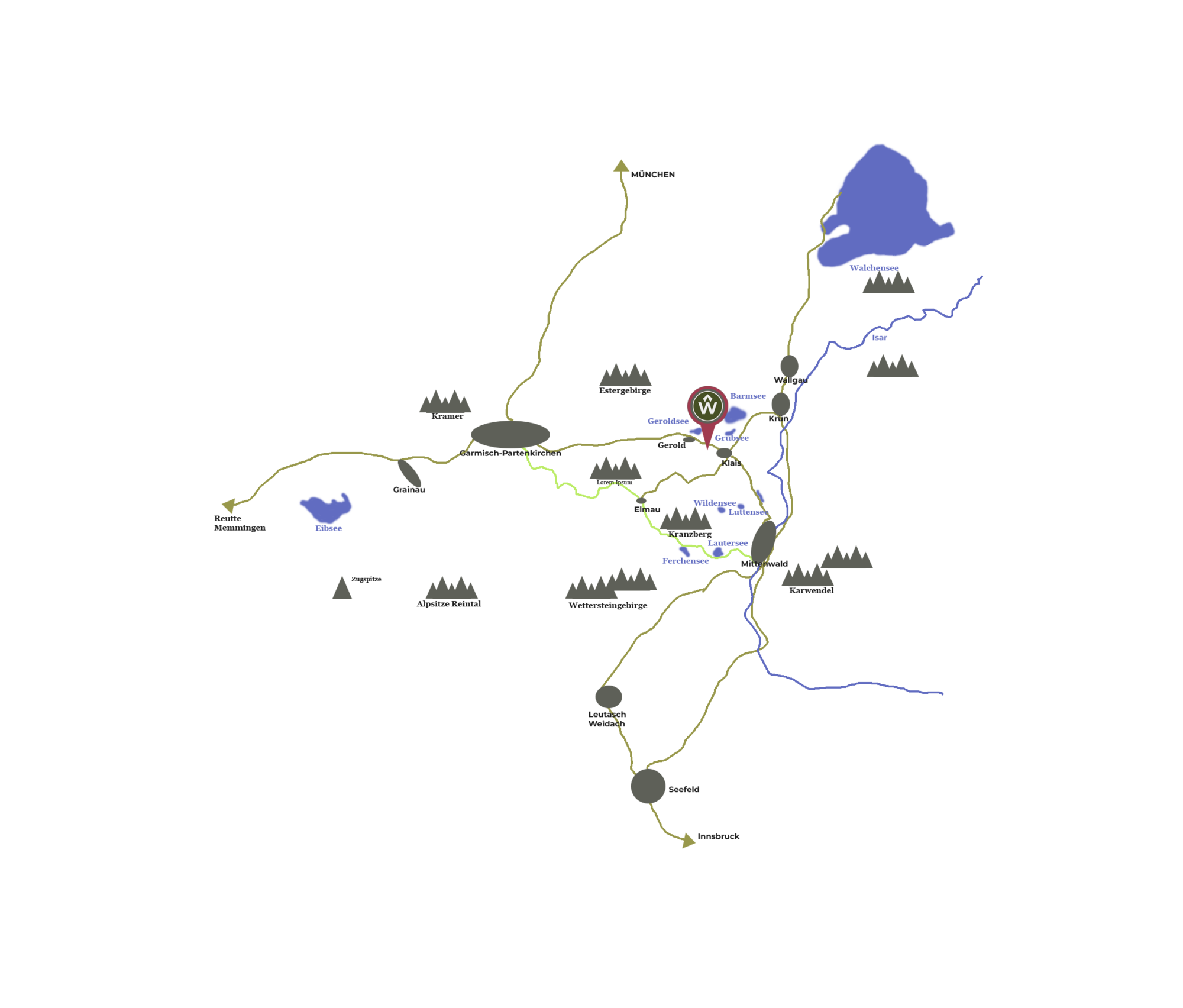 Ortsplan des Wiesenhof Ferienhauses in der Region Garmisch-Partenkirchen. Die Karte zeigt Straßen und Orte in der Umgebung, einschließlich Garmisch-Partenkirchen, Eibsee, Grainau, Zugspitze, Alpspitze und weitere wichtige Sehenswürdigkeiten und Wege.