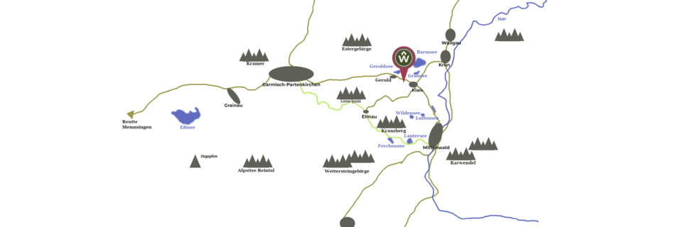 Ortsplan des Wiesenhof Ferienhauses in der Region Garmisch-Partenkirchen. Die Karte zeigt Straßen und Orte in der Umgebung, einschließlich Garmisch-Partenkirchen, Eibsee, Grainau, Zugspitze, Alpspitze und weitere wichtige Sehenswürdigkeiten und Wege.