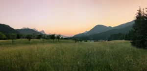 Sonnenuntergang über einer weiten Wiese nahe Gerold mit Blick auf die Zugspitze und das Wettersteingebirge im Hintergrund.