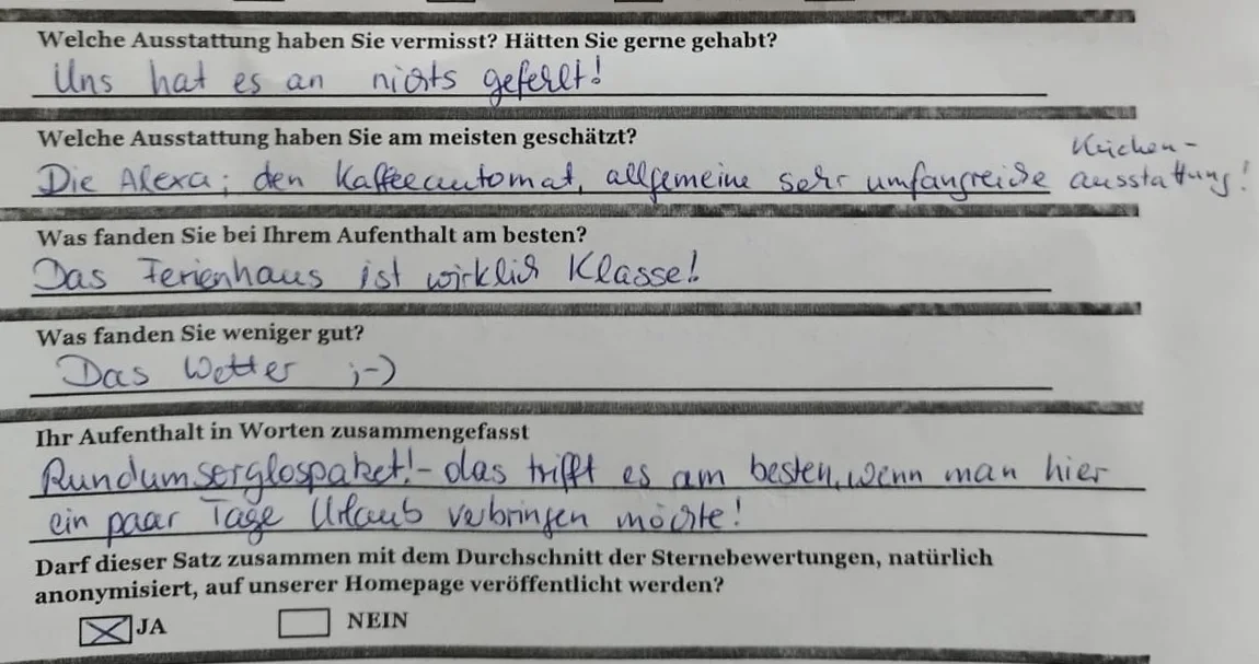 Zitat einer Bewertung eines Gastes durch unseren Fragenbogen bei der Abreise