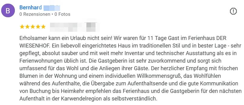 Zitat einer Bewertung eines Gastes auf Google Rezensionen