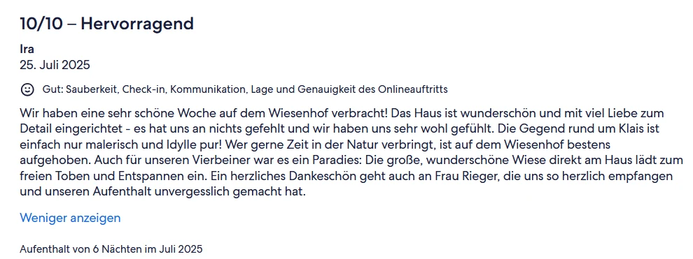 Zitat einer Bewertung eines Gastes auf FeWo Direkt