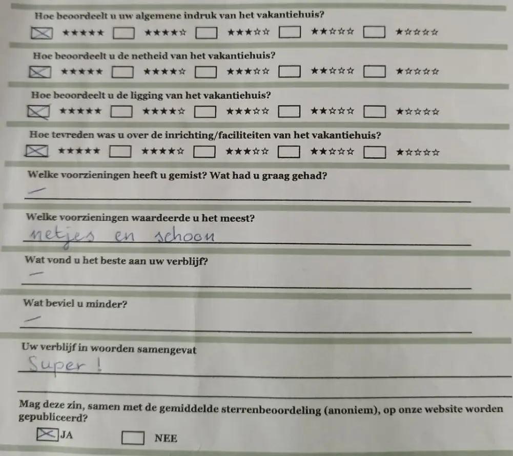 Zitat einer Bewertung eines Gastes durch unseren Fragenbogen bei der Abreise