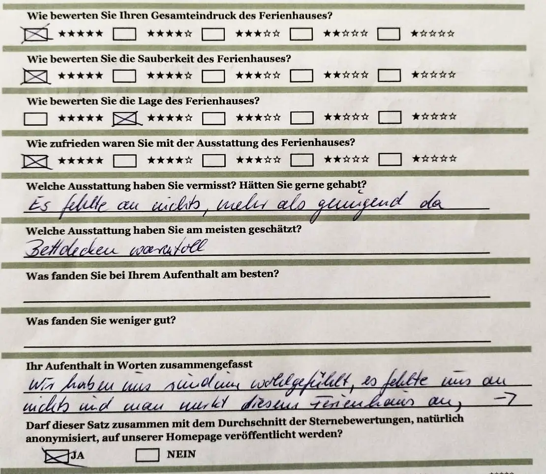 Zitat einer Bewertung eines Gastes durch unseren Fragenbogen bei der Abreise
