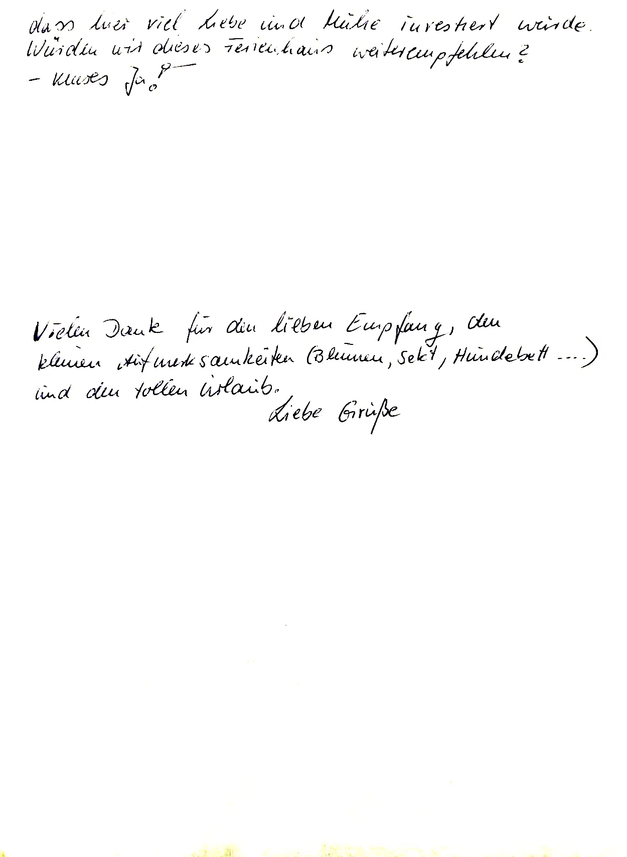 Zitat einer Bewertung eines Gastes durch unseren Fragenbogen bei der Abreise