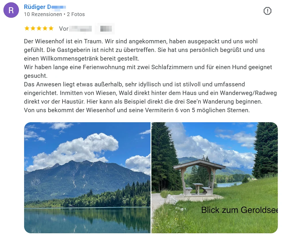 Zitat einer sehr guten Bewertung des Ferienhauses der Wiesenhof von einem Gast von uns auf Google Rezensionen