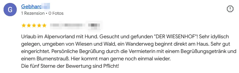 Zitat einer sehr guten Bewertung des Ferienhauses der Wiesenhof von einem Gast von uns auf Google Rezensionen
