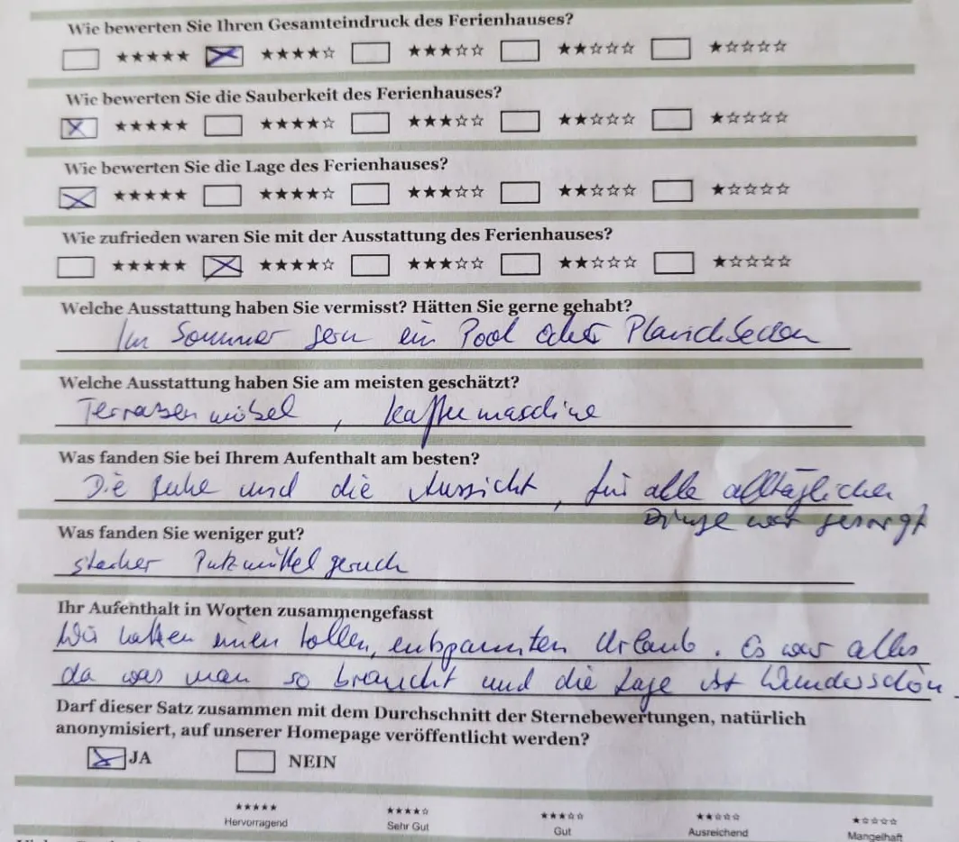 Zitat einer Bewertung eines Gastes durch unseren Fragenbogen bei der Abreise