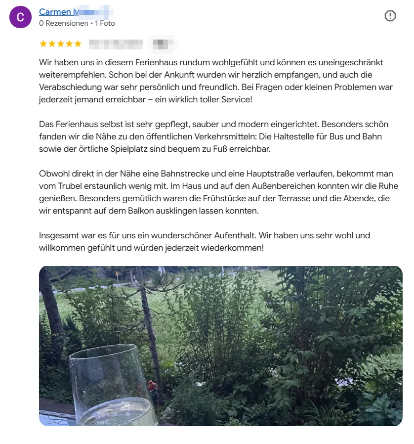 Zitat einer sehr guten Bewertung des Ferienhauses der Wiesenhof von einem Gast von uns auf Google