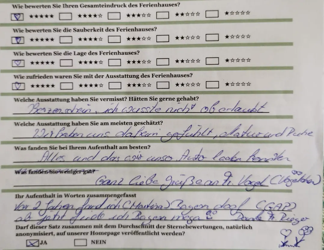 Zitat einer Bewertung eines Gastes durch unseren Fragenbogen bei der Abreise