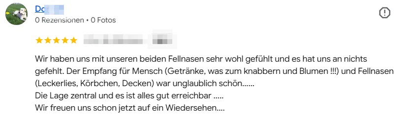 Zitat einer sehr guten Bewertung des Ferienhauses der Wiesenhof von einem Gast von uns auf Google Rezensionen
