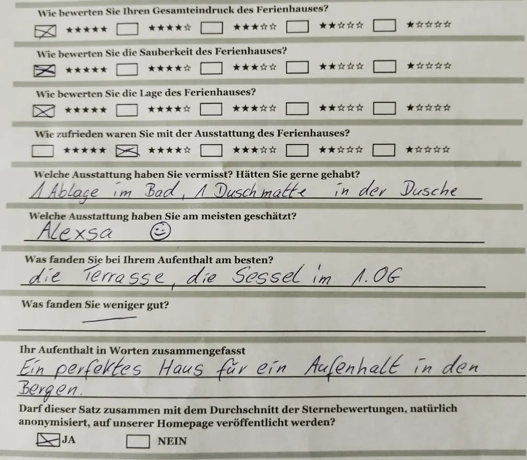 Zitat einer Bewertung eines Gastes durch unseren Fragenbogen bei der Abreise
